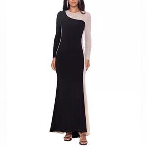 XSCAPE Petite Women's Two-Tone Long-Sleeve Jersey-Knit Gown Black Sz 16P NWT
